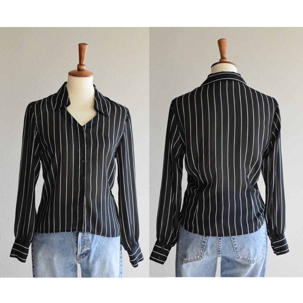 Classic black white sheer dress shirt Small - Picture 4 of 9